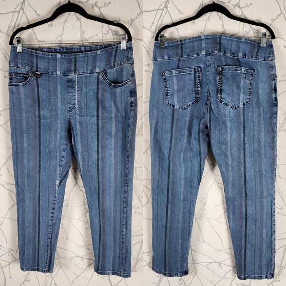 Lisette-L Blue Striped Denim Stretch Pull On Ankle Pants - Picture 1 of 4